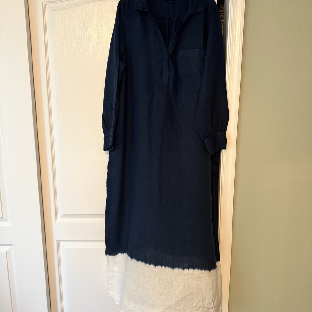 J. Crew Navy Blue and White Linen Long Sleeve Dress